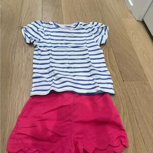J crew crew cuts girls outfit - striped Blue and White Tee & Pink scallop shorts